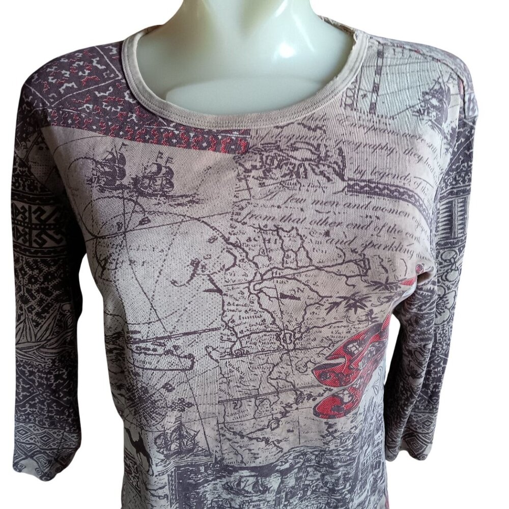 Vintage Women' Large Top Y2K Glima Silk Road Map Print Distress Thin AOP USA